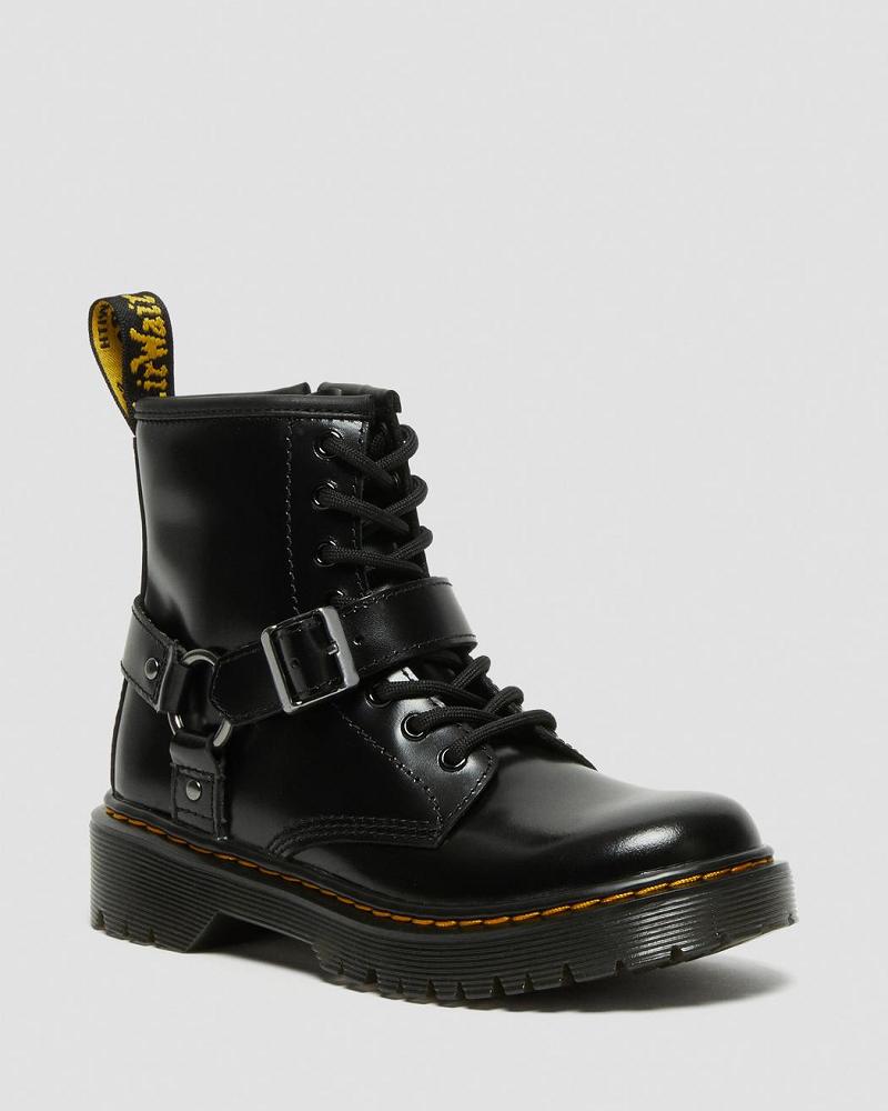 Black Kids\' Dr Martens Junior 1460 Harness Leather Casual Boots | CA 658TCE